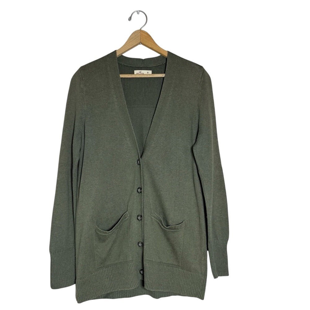 Hollister Olive Green Knit Cardigan Sweater Pockets Casual‎ Comfy Womens Medium